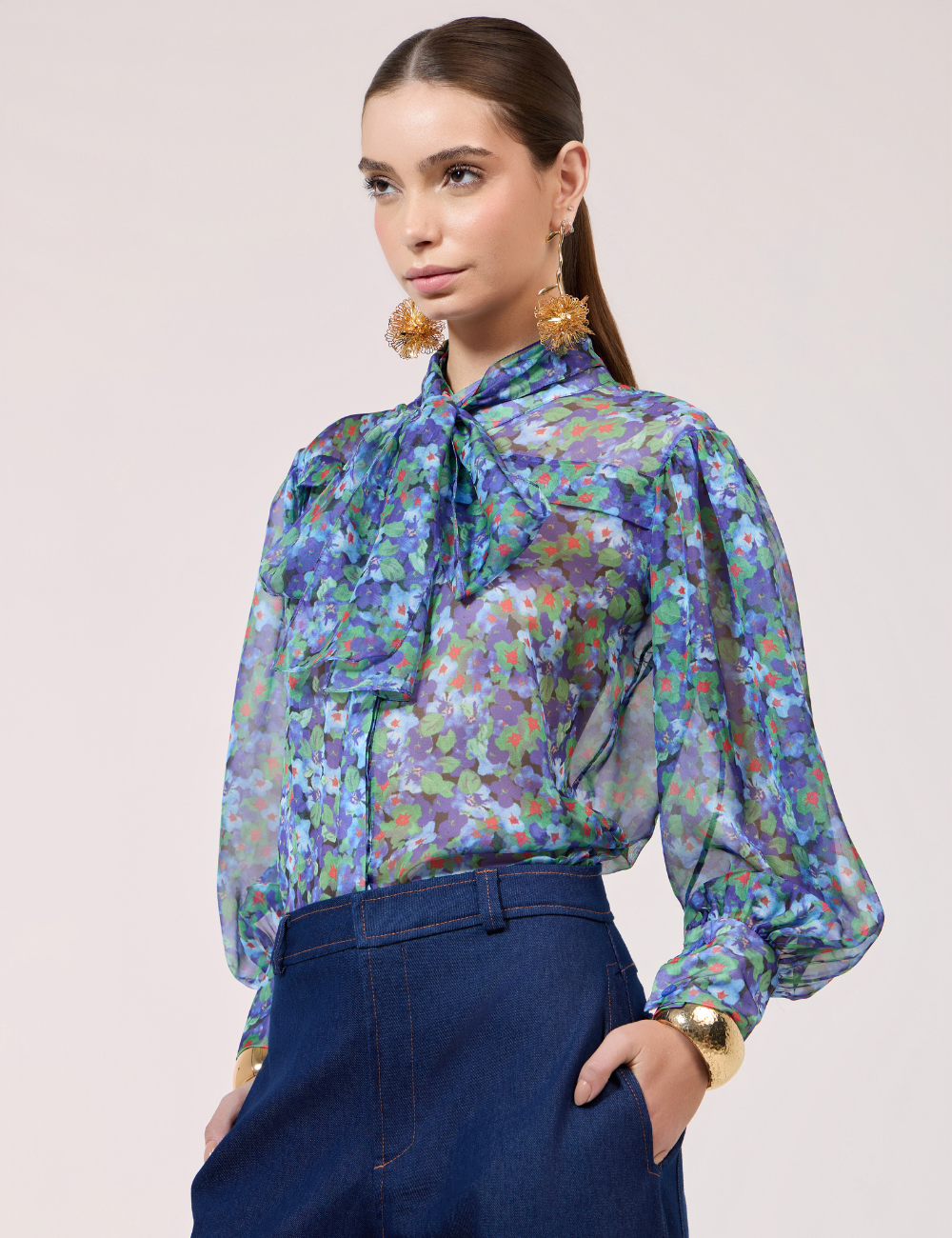 Camisa Floral Azul com Amarração